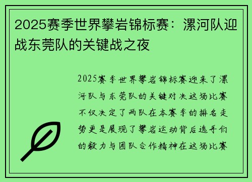 2025赛季世界攀岩锦标赛：漯河队迎战东莞队的关键战之夜